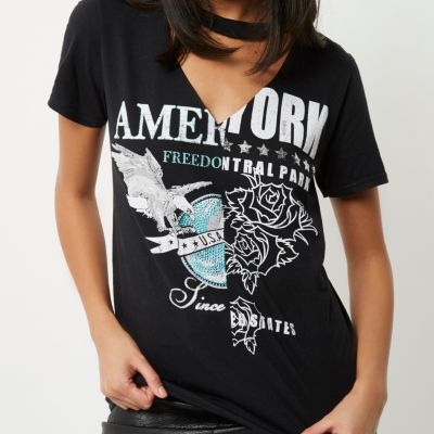 Black spliced cut-out band print T-shirt